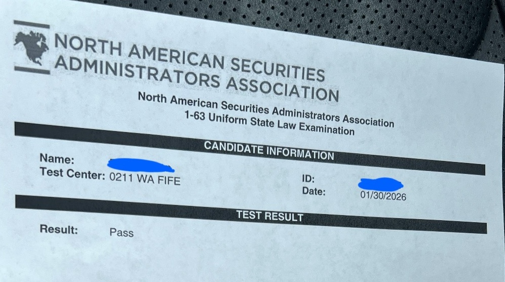Recent Series 63 Pass: January 2026 Student Success