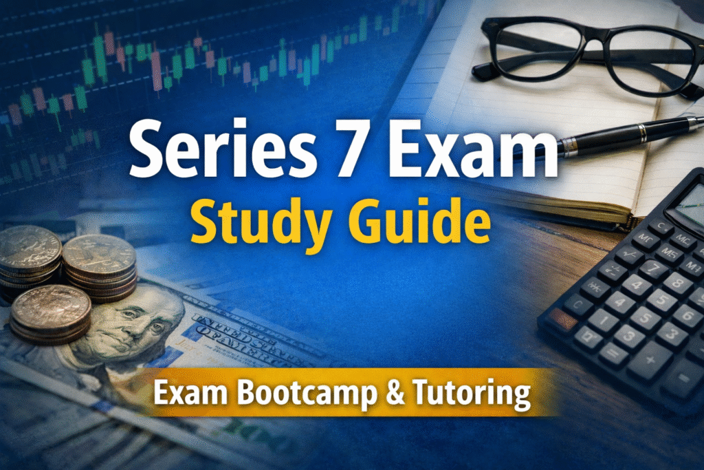 Blue featured image reading “Series 7 Exam Study Guide” with a stock chart background, notebook and pen, glasses, calculator, and “Exam Bootcamp & Tutoring” banner.