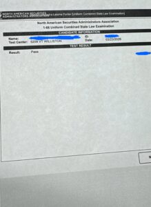 Series 66 exam passing score screen at a testing center