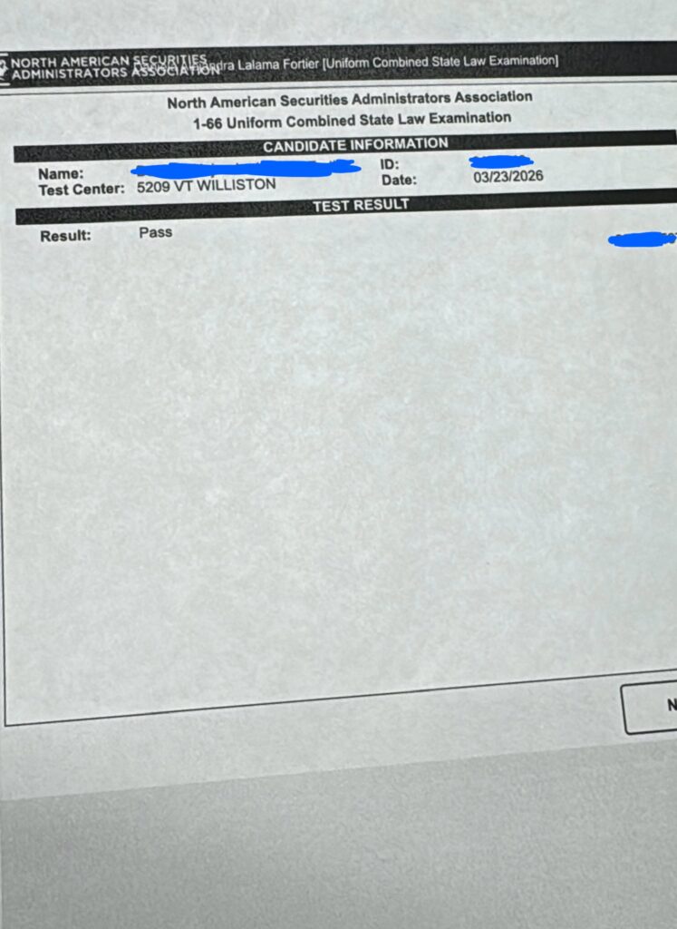 Series 66 exam passing score screen at a testing center