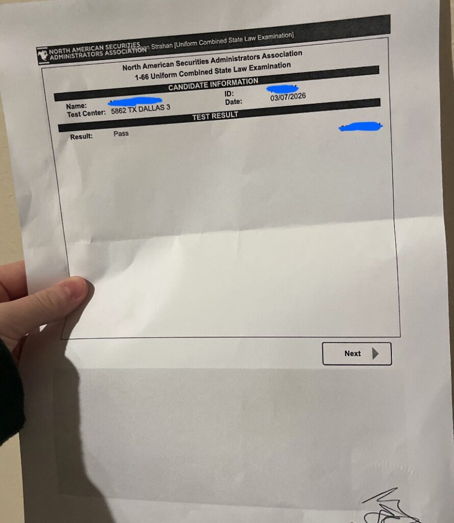 Printed Series 66 exam result sheet showing a passing result for the 1-66 exam, held in hand, with personal details covered for privacy.