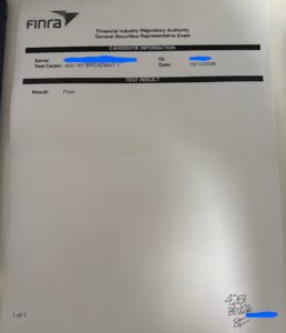 FINRA Series 7 General Securities Representative Exam score report showing a passing result