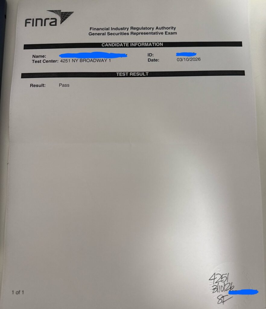 FINRA Series 7 General Securities Representative Exam score report showing a passing result