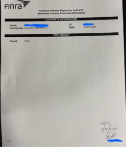FINRA Securities Industry Essentials SIE exam passing result sheet from Prometric testing center shared by an Exam Bootcamp student